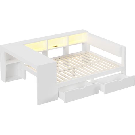Polsterbett 140x200 cm weiß mit Stauraum, 2 Schubladen, LED und USB-Ladestation (1/5)