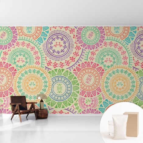 Tapete Vliestapete mit Kleber für Wohnzimmer Schlafzimmer Küche - Wanddekoration  Bunte Mandalas 416x254 cm (1/5)