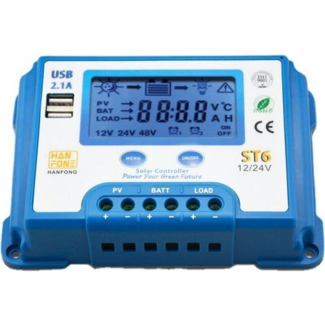 10A Régulateur de Charge Solaire 12V/24V Contrôleur de Charge Solaire avec Écran LCD et Double Port USB pour Batterie de Panneaux Solaires - ST6-10A (1/4)