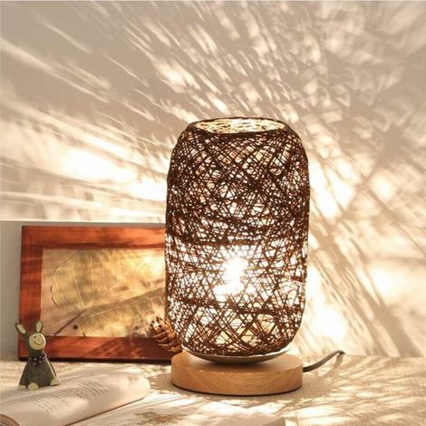 Lampe de chevet en cordon en rotin et support en bois marron (1/5)