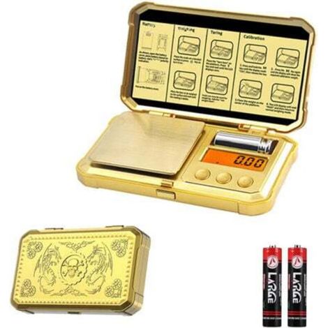 Bilancia elettronica compatta da 200 g/0,01 g, color oro, con pesi, 6 modalità, per pesare erbe e gioielli (batteria inclusa).