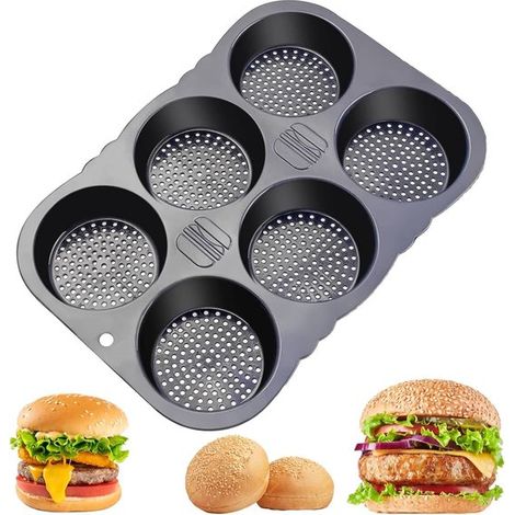 34,5 × 23,5 × 4 cm Silikon Hamburgerbrötchenform Antihaftbeschichtung, hitzebeständig 6 Loch Hamburgerbrötchenform Hamburger Backform Backen Schw (1/5)