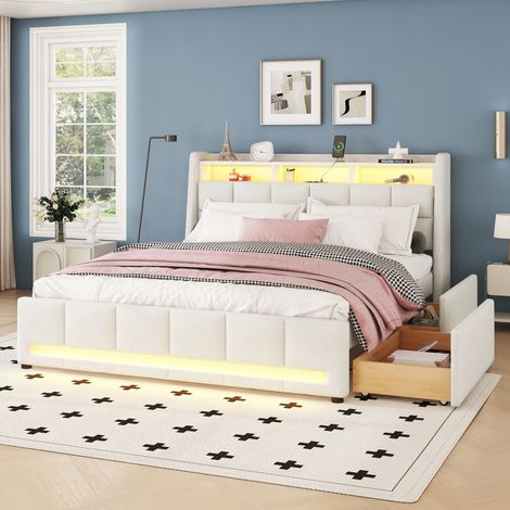 Letto imbottito in lino beige 140x200 cm con LED, USB, cassetti e vano contenitore