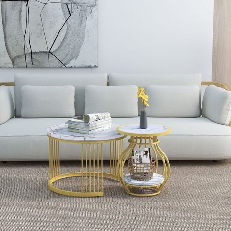 CouchTisch, Couchtisch 2er Set Rund Tisch Wohnzimmer Rund mit Metallgestell Beistelltisch Weiss Modern Satztische fürs Wohnzimmer, Weiß Gold Marmor Optik OKWISH
