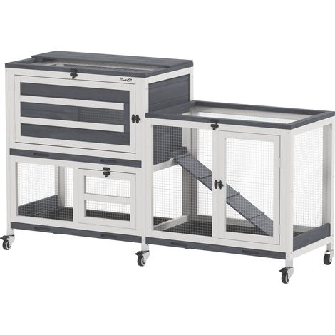 Conigliera a 2 Livelli 147x45x89,5 cm con Rampa e 3 Vassoi in Legno di Abete e Acciaio Grigio e Bianco (1/5)