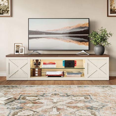 Meuble TV LED 180 cm PATBRELA - RGB APP, Style Industriel, Étagère Réglable, Rangement, TV jusqu'à 80 Pouces - Coloris Noyer (1/5)