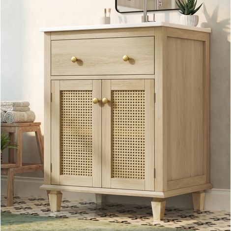 Mobile bagno con lavabo in ceramica 61 cm, porte in rattan, naturale OKMYHOME (1/5)