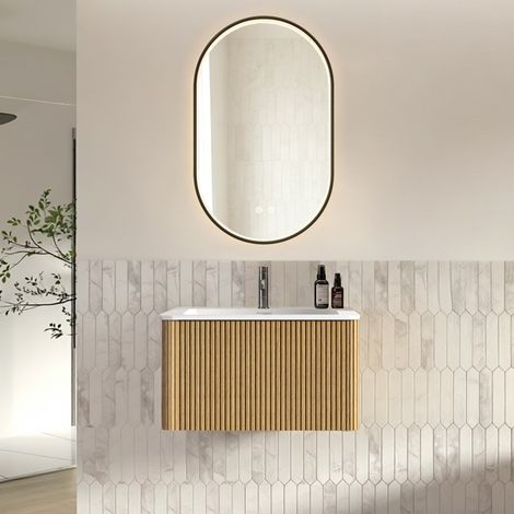 Conjunto de baño con espejo, mueble de lavabo de 80 cm con base, armario de baño suspendido, premontado, acabado en roble. (1/5)