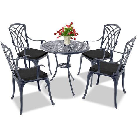 Centurion Supports OSHOWA Luxurious Garden & Patio Table & 4 Large Chairs with Armrests Cast Aluminium Bistro Set - Grey with Black Cushions (1/5)