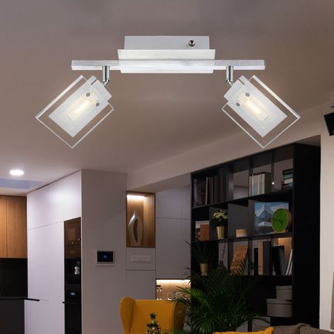 Lampada da soffitto a LED, lampada da soggiorno, lampada da soffitto orientabile per sala da pranzo, alluminio cromato con faretti in vetro, 2x 5W 380lm bianco caldo, LxPxA 34,5x10x20 cm