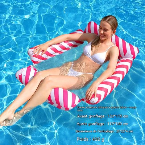 Hamac gonflable de piscine à rayures diagonales, motif tropical, modèle à quatre boudins avec porte-gobelet, lit flottant portable - rose(pompe non requise)