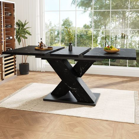 Ausziehbarer Esstisch MDF Schwarz in Marmoroptik mit Metallgestell, 119,5-159x80x75 cm, für 4-6 Personen