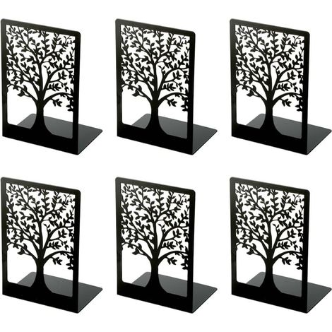 6er-Set Buchstützen aus Metall – Schwarz – Lebensbaum-Motiv – Für Büro, Schule, Zuhause, Bibliothek – 18 x 12 x 8 cm