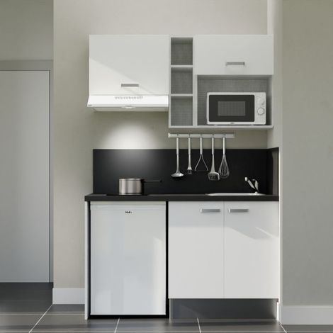 Kitchenette K13L-PT - 140 cm avec plan de travail et évier - Façade Blanc - Plan Noir - Evier Inox - Crédences Oui