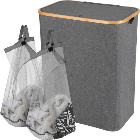 Wolketon Cesto para ropa sucia con tapa, 145L Gris Cesto para ropa sucia - 2 bolsas extraíbles para ropa sucia (Para uso en baños y hogares)