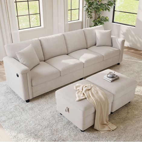 Sofá modular 261/134/82 cm beige de chenilla con 2 pufs con almacenaje y puertos USB/Type-C (1/5)