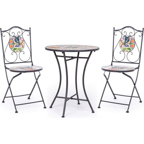 Set Pranzo Tavolo Ø60cm + 2 Sedie Pieghevoli Ferro Decoro Mosaico Paloma (1/3)