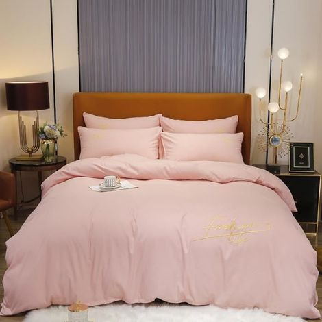 Parure de drap brodée en Coton lavé - Parure de lit 4 Pcs avec 2 Taies d'oreiller, 1 Drap, 1 Housse de Couette - 200x230cm (1/4)
