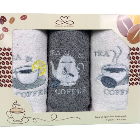 Juego de toallas de cocina "Kuchcik" con estampado de café y té, 30x50 cm, gris c, blanco