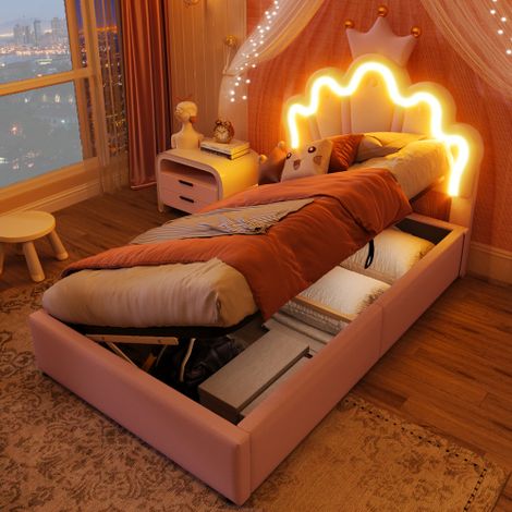 Letto imbottito, 90 x 200 cm, senza materasso, striscia luminosa a LED, meccanismo di sollevamento idraulico, letto a baldacchino a forma di corona, testiera regolabile, PU, rosa
