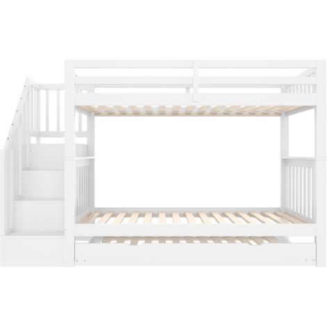 Litera 90 x 200 cm con cama nido, escalera con almacenaje, pino y MDF, blanca (1/5)
