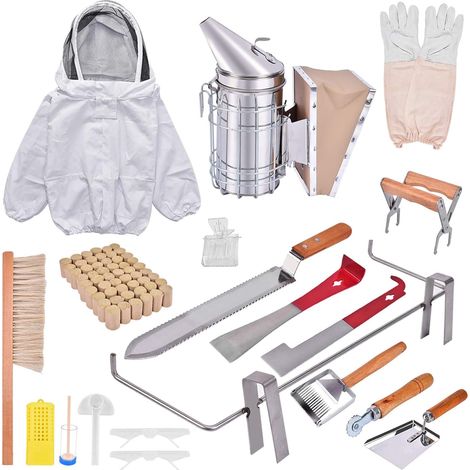 19-teiliges Imker-Werkzeugset, wichtiges Bienenstockzubehör, professionelles Imker-Starterset mit großer Jacke, Bienenstock-Set, Bienenraucher-Set, Bienenstock-Werkzeuge