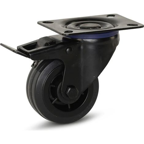 Roulette pivotante freinée - MESO - Caoutchouc noir - Platine - 80mm - 60kg