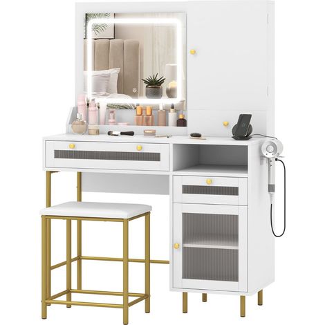 Set tavolo da trucco e sgabello 96 x 39 x 1355 cm con specchio LED (3 colori) e spazio di archiviazione ottimizzato in legno MDF bianco 200011869