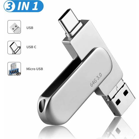 MINKUROW Usb C Flash Drive Usb Flash Drive 64gb 3 En 1 Usb Flash Drive, Usb 3.0 Tipo C Flash Drive, Memory Stick Para Macbook Pro, Teléfono Móvil Android, Tableta, Computadora Portátil Y Computadora (1/5)