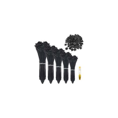 500 Pièce Attaches de Câble 100/150/200/250/300mm, Colliers Nylon de Serrage, Utilisé pour les fils intérieurs et extérieurs, les outils, la finition du jardin + 50 Pcs Embases Adhesive, Noir - Crezuo (1/3)