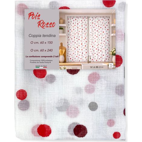 Coppia Tendine a Vetro Pois Rosso Semitrasparenti in Bouclè con Tunnel per Astina – 2 Teli Made in Italy COPPIA (2 TELI) CM. 60X150