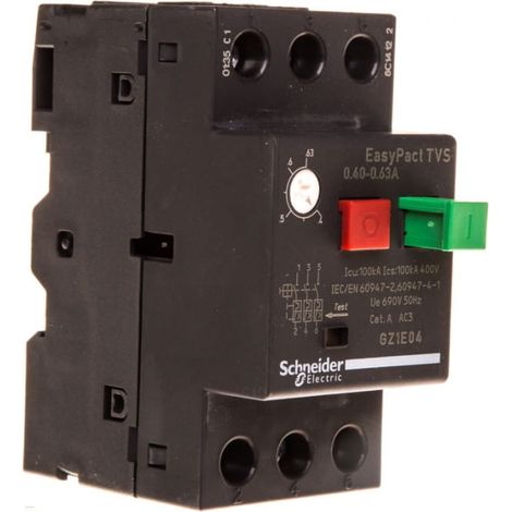 Interruttore automatico per motori 3P 0,18kW 0,4-0,63A EasyTeSys Power, azionamento a pulsante, morsettiera a scatola GZ1E04
