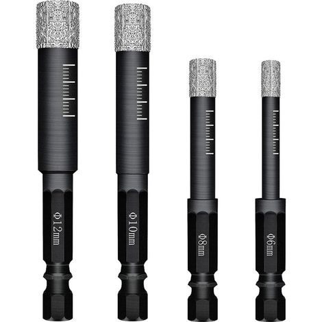 Set of 4 Diamond Drill Bits for Ceramic Tile, Porcelain, Tile, Glass, Stone. Professional Diamond Drill Bit Tool for Ceramic Tile Drill Bits - 6mm, 8mm, 10mm, 12mm