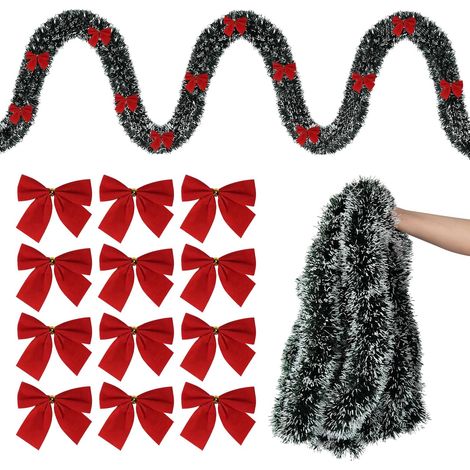 Guirlande Sapin 10M, Guirlande Noel Vert foncé avec 24 Nœud Rouge, Guirlandes Sapin Artificiel Verte pour Exterieur Interieur Escalier Porte Decoration Noël (1/5)
