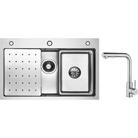 Cecipa Évier 1 Bac 70×45cm avec Egouttoir, Vasque et Distributeur de Savon + Mitigeur Cuisine Brossé avec Douchette Extractible - 2 Jets aux Choix (1/5)