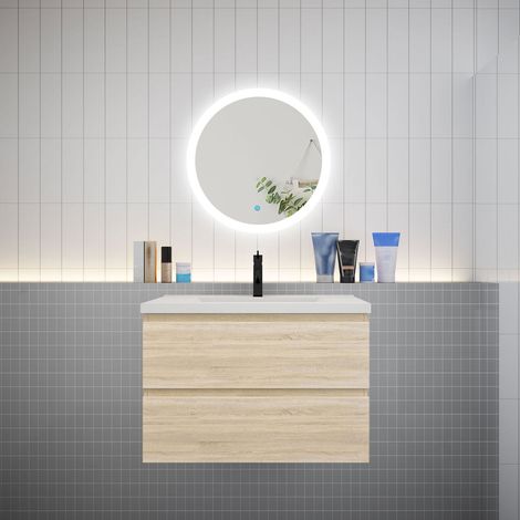 Ensemble meuble vasque L.79cm 2 tiroirs + lavabo + LED miroir rond 60cm,chêne,AICA