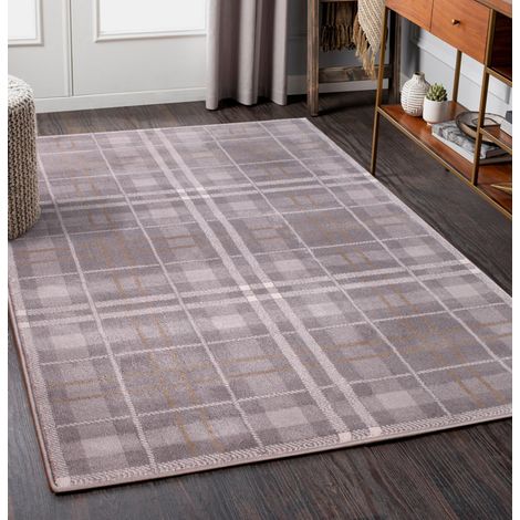 Tartan Highland Check Pattern Grey Ochre Rug 80 x 150 cm (2'6"x5'0")