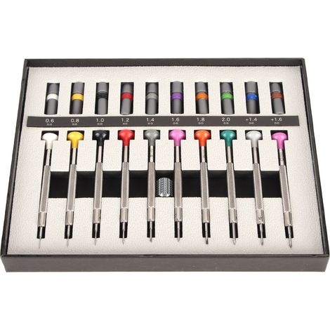 Jeu de 10 tournevis de montre en acier inoxydable (8 tailles plates et 2 tailles cruciformes) avec 10 lames de rechange.