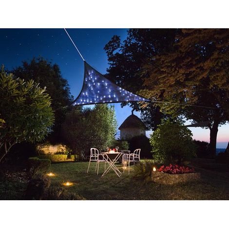 Perel toldo Vela Triangular con 100 Leds Cielo Estrellado, HDPE Transpirable y Permeable, Proteccion UV 90%, 3.6 x 3.6 x 3.6 m iluminacion LED Solar, Shade Sail para Jardin y terraza