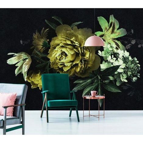 Papier peint panoramique fleuri fond noir et vert Tapisserie panoramique moderne couloir Papier peint panoramique fleurs et nature idéal salon (1/3)