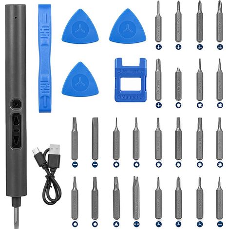 Mini jeu de tournevis sans fil 28 en 1 Kit d'outils de réparation portables rechargeables avec 24 embouts 3 lumières LED pour téléphones intelligents,montres,ordinateurs,etc. (1/5)