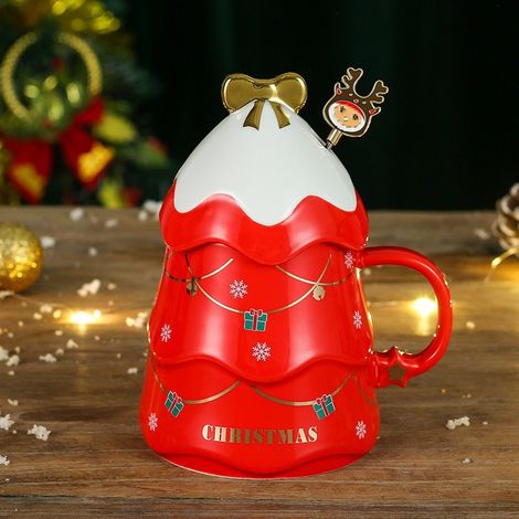 Tasse à café de Noël (avec couvercle), jolie tasse de Noël en céramique (pour parents, enfants, amoureux et amis), rouge