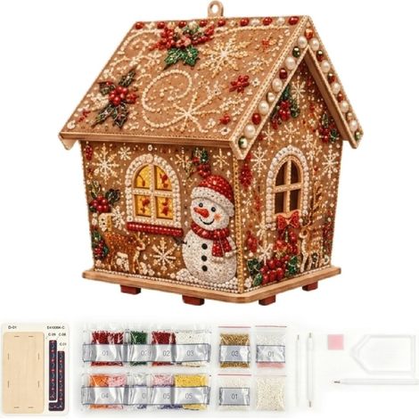 Kit de décoration de maison en pain d'épice en bois 3D à monter soi-même Irovami avec fausses perles – Motif Père Noël (1/5)