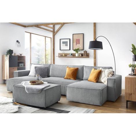 Bobochic – Pouf NIHAD velours côtelé gris clair – Confort ferme – 100 cm longueur – 70 cm largeur – Style vintage – Fabrication Europe (1/4)
