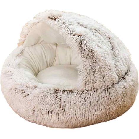 Panier moelleux pour chat, rond, en peluche douce, avec capuche, idéal pour l'hiver, chaud et confortable, antidérapant et lavab (1/5)