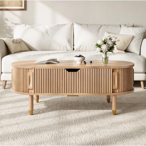 Table basse relevable 110x48x57 cm en MDF naturel avec rangement et portes coulissantes - CHICFURN (1/5)