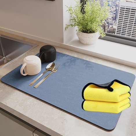 Tapis de drainage pour évier 30 x 40 cm, absorbant, à séchage rapide, antidérapant, lavable, en fibre de diatomée, adapté aux plans de travail , bleu (1/5)