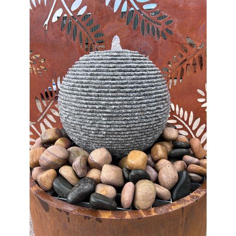 Cascading Grey Granite Sphere Water Feature with Pump, Light, Reservoir and Grid - Diameter 45cm
