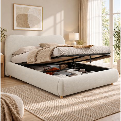 MODFU – Letto contenitore 180x200 cm in bouclé con contenitore idraulico, testiera imbottita, rete a doghe e carico 220 kg – Bianco (1/5)