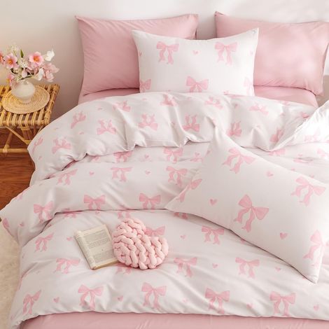 Housse de Couette 220x240 Adulte Noeud Papillon Coeur Rose Beige (1/5)